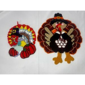 Set Of 2 Plastic Canvas Thanksgiving Turkey Wall Hanging, Completed, Vintage